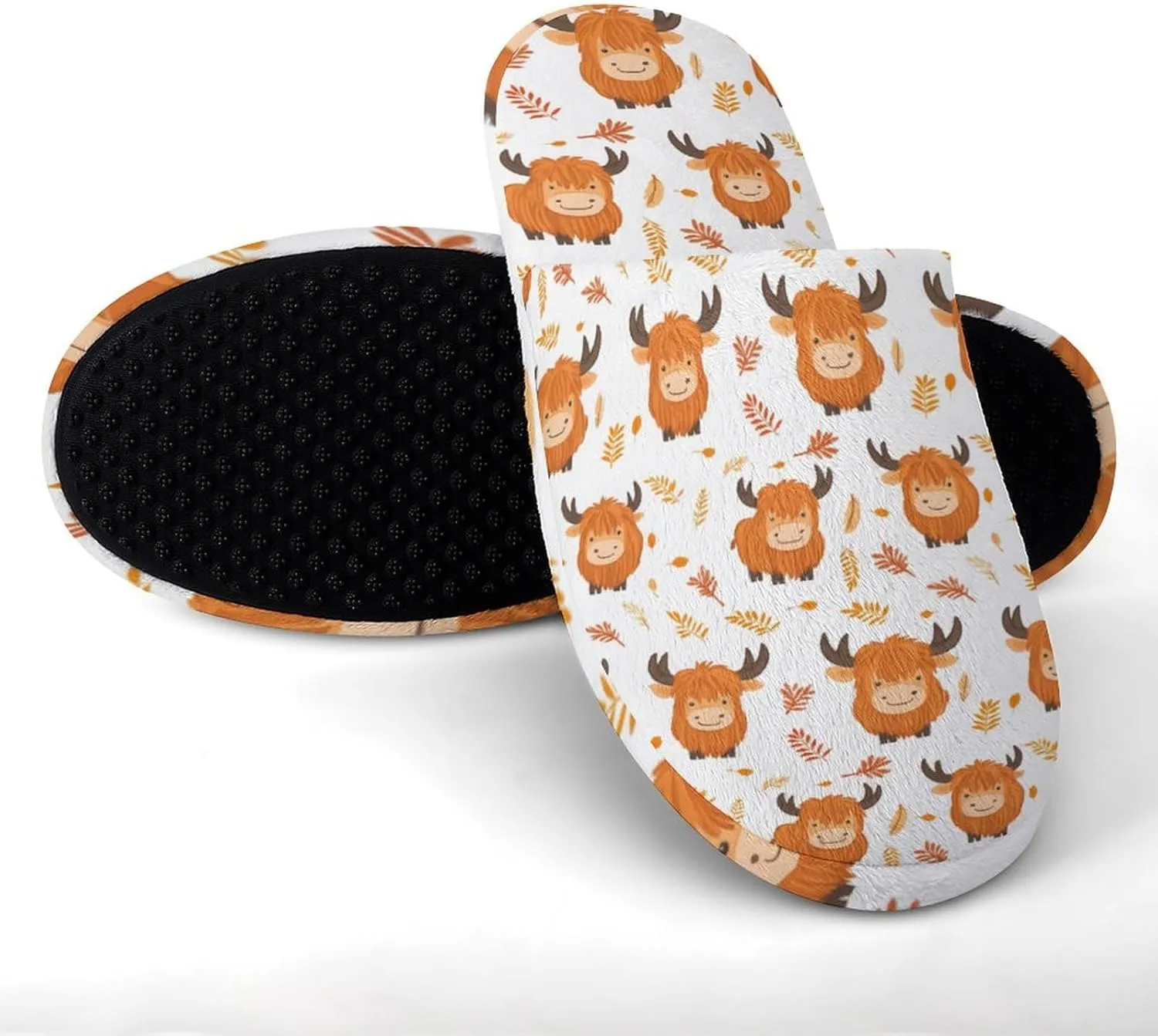 Highland Cow Leaf Women's Slippers Cute Warm House Shoes Home Slippers Spa Slippers Cotton Slippers