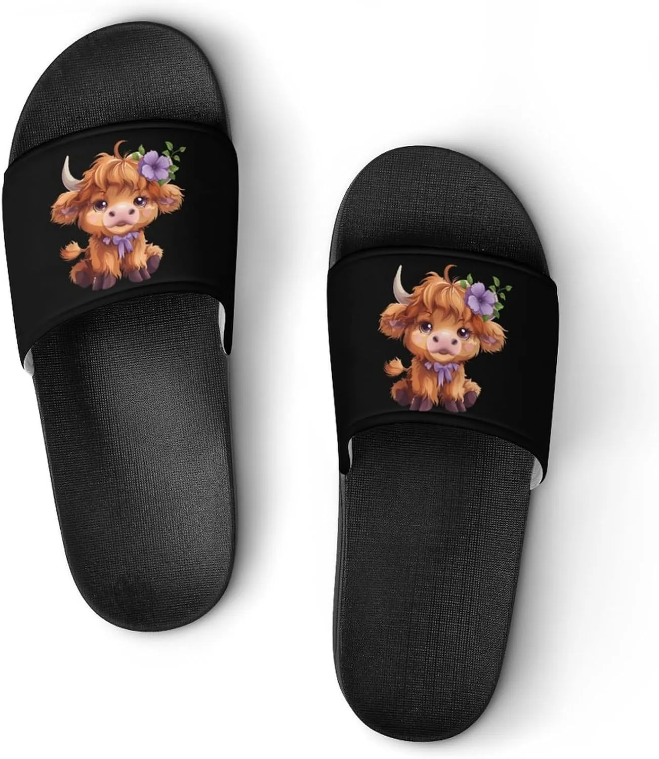 Highland Cow With Purple Flowers Scottish Farm Unisex Shower Shoes House Slippers Non-Slip Indoor Bathroom Shoes for Pool Beach 43 (265mm)
