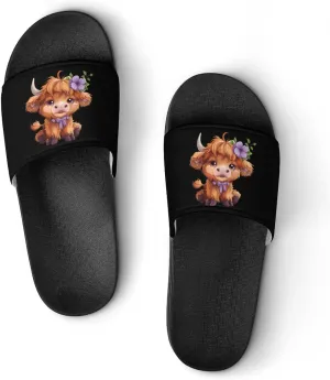 Highland Cow With Purple Flowers Scottish Farm Unisex Shower Shoes House Slippers Non-Slip Indoor Bathroom Shoes for Pool Beach 43 (265mm)