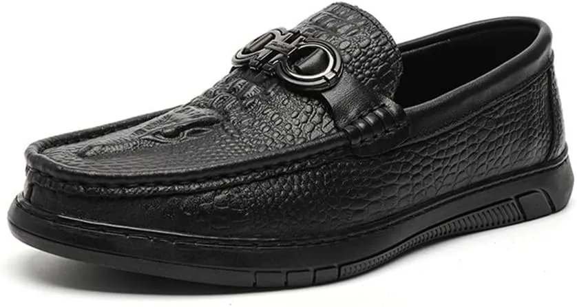 HOOENG Mens Loafers Round Toe Faux Crocodile Print Slip On Leather Lightweight Flat Heel Anti-Slip Casual Slip-on (Color : Black, Size : 9)