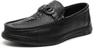 HOOENG Mens Loafers Round Toe Faux Crocodile Print Slip On Leather Lightweight Flat Heel Anti-Slip Casual Slip-on (Color : Black, Size : 9)