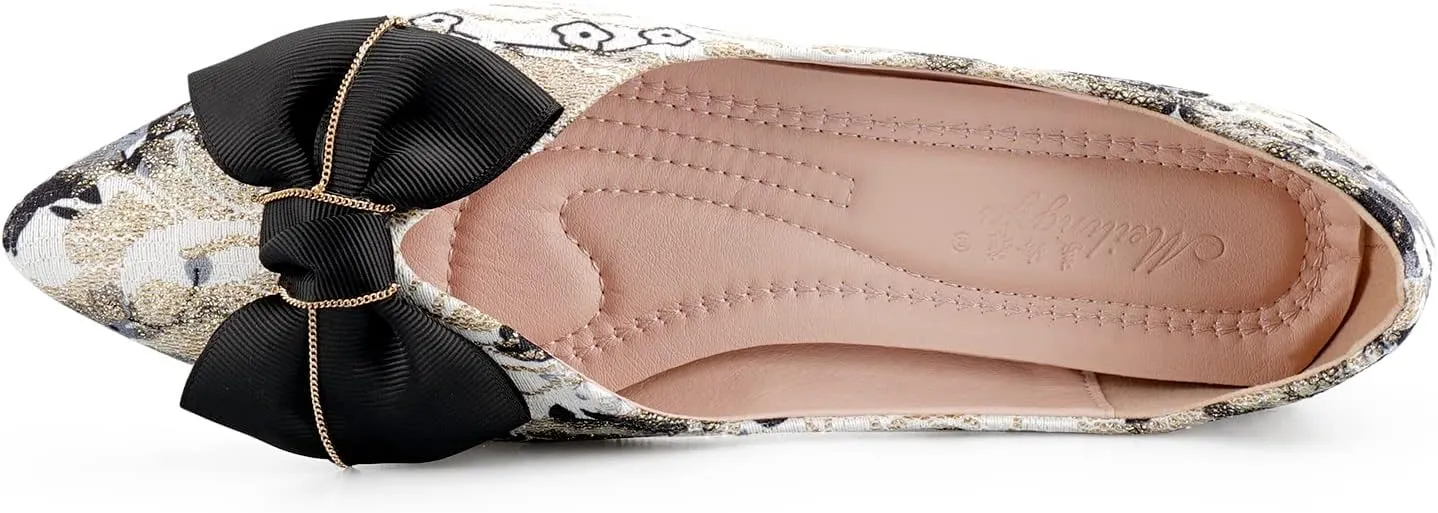 Hxlber Women's Flats Shoes Pointed Toe Bow Embroidery Ballet Comfortable Dressy Slip On Flat