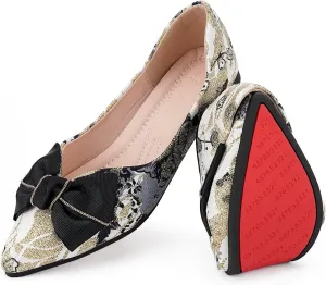 Hxlber Women's Flats Shoes Pointed Toe Bow Embroidery Ballet Comfortable Dressy Slip On Flat