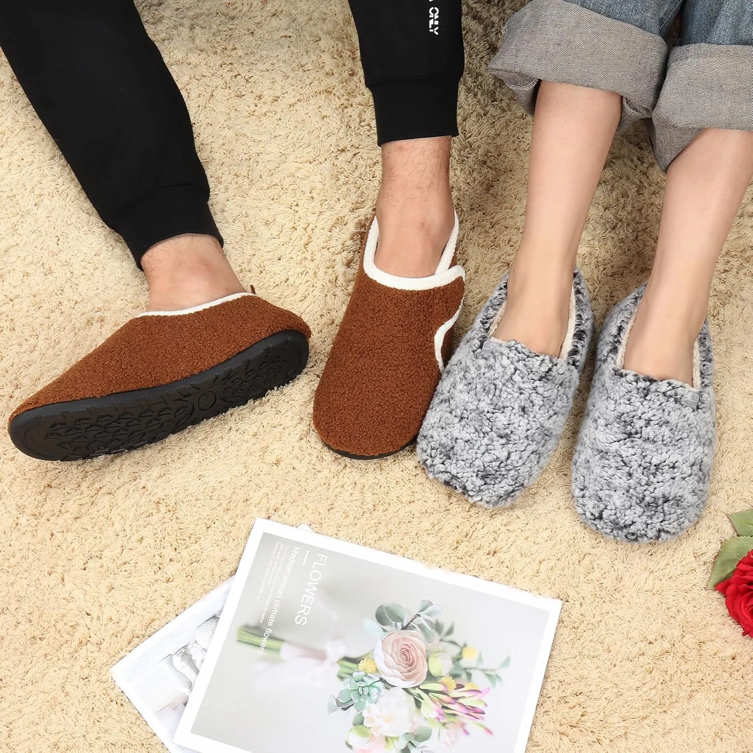 Ibeauti Womens Mens House Slippers Rubber Sole Indoor Slipper Socks Lightweight Fleece Lined Slip-on Barefoot Slippers