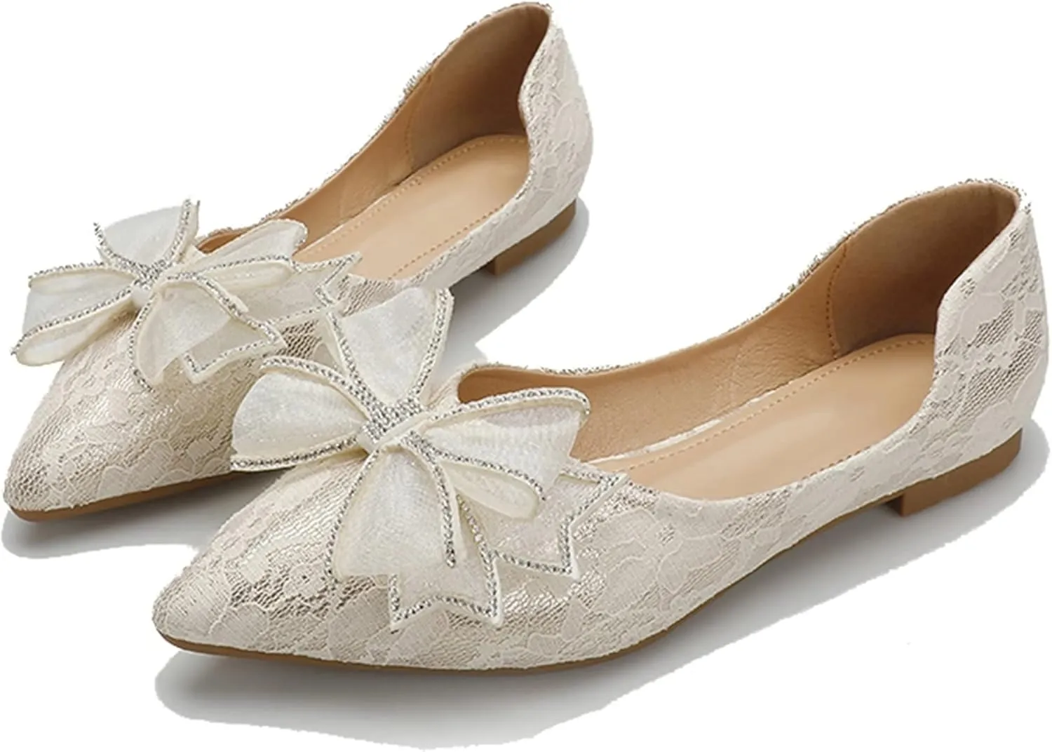 INEELUYI Women's Dress Shoes Lace Bowknot Pointed Toe Comfortable Flats Shoes Wedding Party