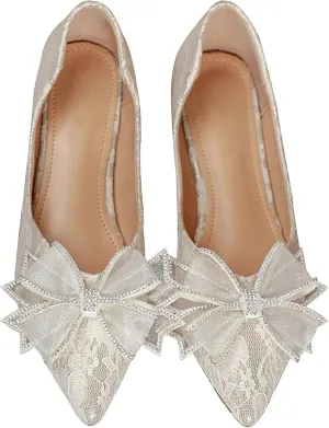 INEELUYI Women's Dress Shoes Lace Bowknot Pointed Toe Comfortable Flats Shoes Wedding Party