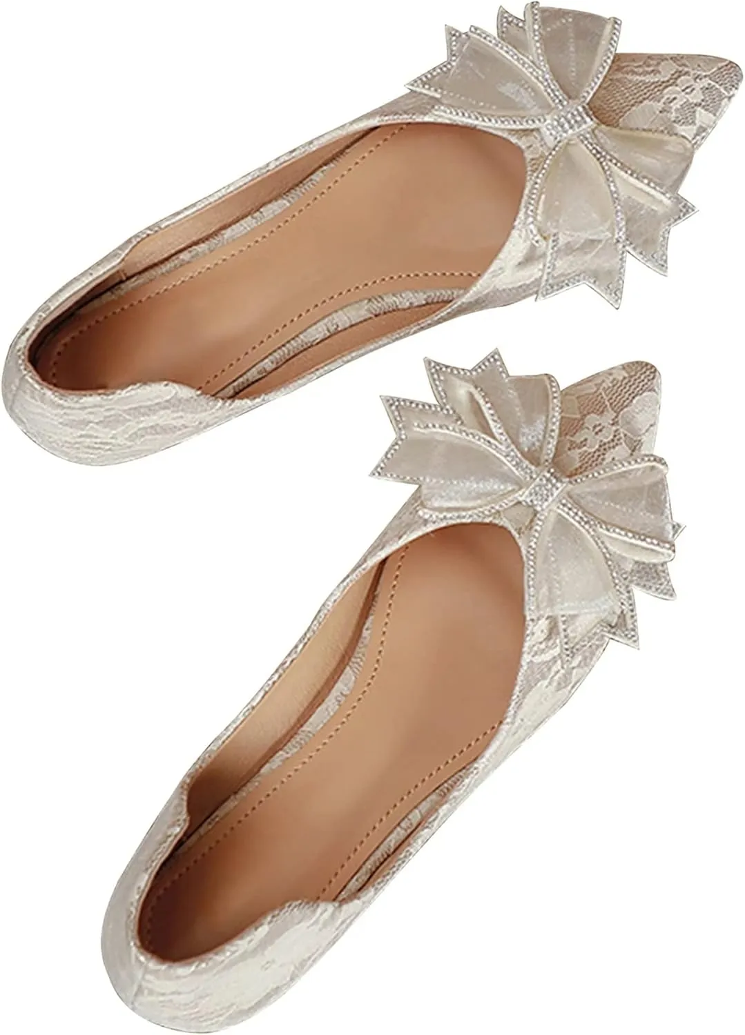 INEELUYI Women's Dress Shoes Lace Bowknot Pointed Toe Comfortable Flats Shoes Wedding Party