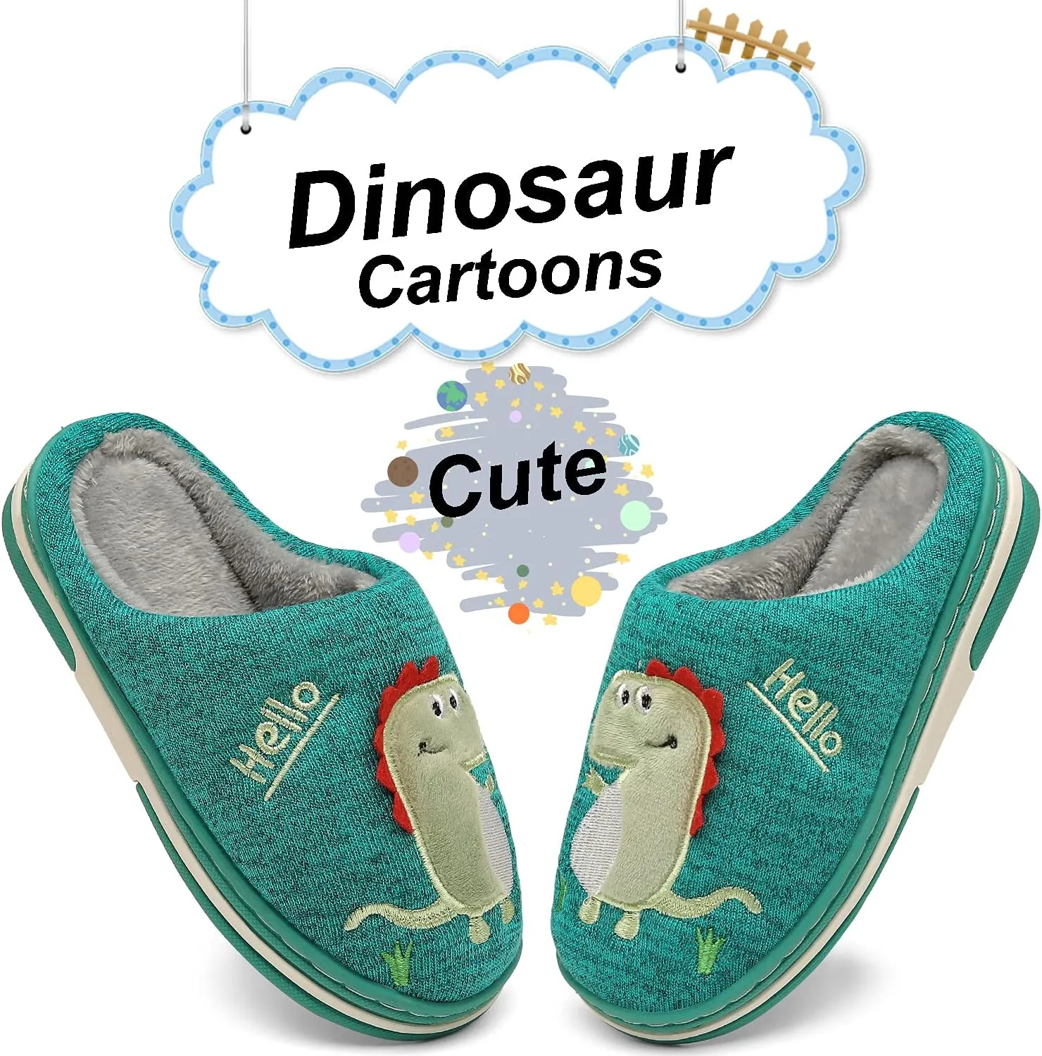 INMINPIN Boys Girls Cozy House Slippers Warm Plush Winter Cotton Slipper Kids Cute Dinosaur Indoor Shoes Non-Slip