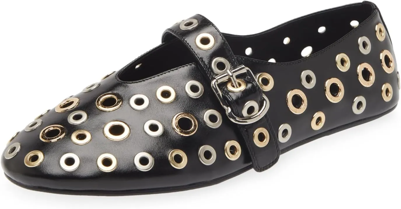 Jeffrey Campbell Holed Black Gold Silver Fashion Slip On Flat Mary Jane Flat Shoes