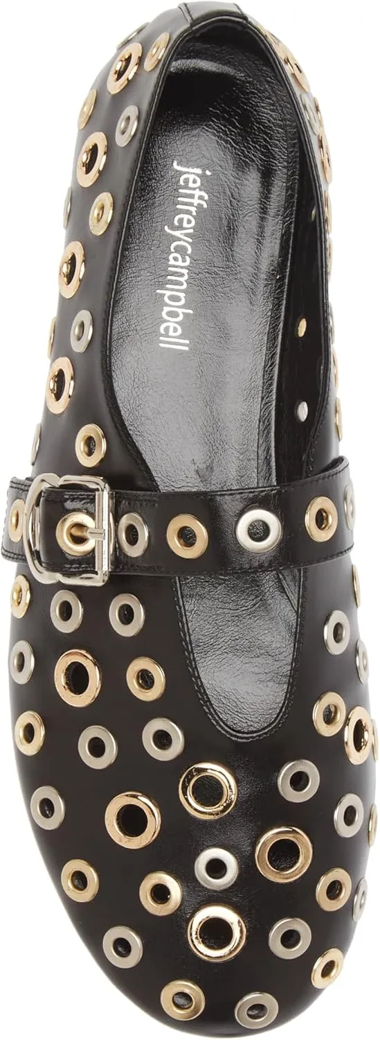 Jeffrey Campbell Holed Black Gold Silver Fashion Slip On Flat Mary Jane Flat Shoes