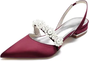 JOEupin Women's Pointed Toe Wedding Shoes for Bride Flats Pearl Sling Back Bridal Flats Evening Prom Party Dress Pumps