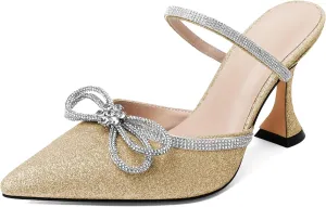 Joseywade Rhinstone Bow Mule Heels High Heels Closed Pointed Toe Spool Heel Slip-on Sandals 3.5" Wedding Crystal Ankle Strap Backless Shoes For Bridal Bridesmaid Engagement
