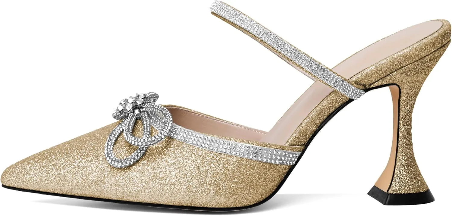 Joseywade Rhinstone Bow Mule Heels High Heels Closed Pointed Toe Spool Heel Slip-on Sandals 3.5" Wedding Crystal Ankle Strap Backless Shoes For Bridal Bridesmaid Engagement