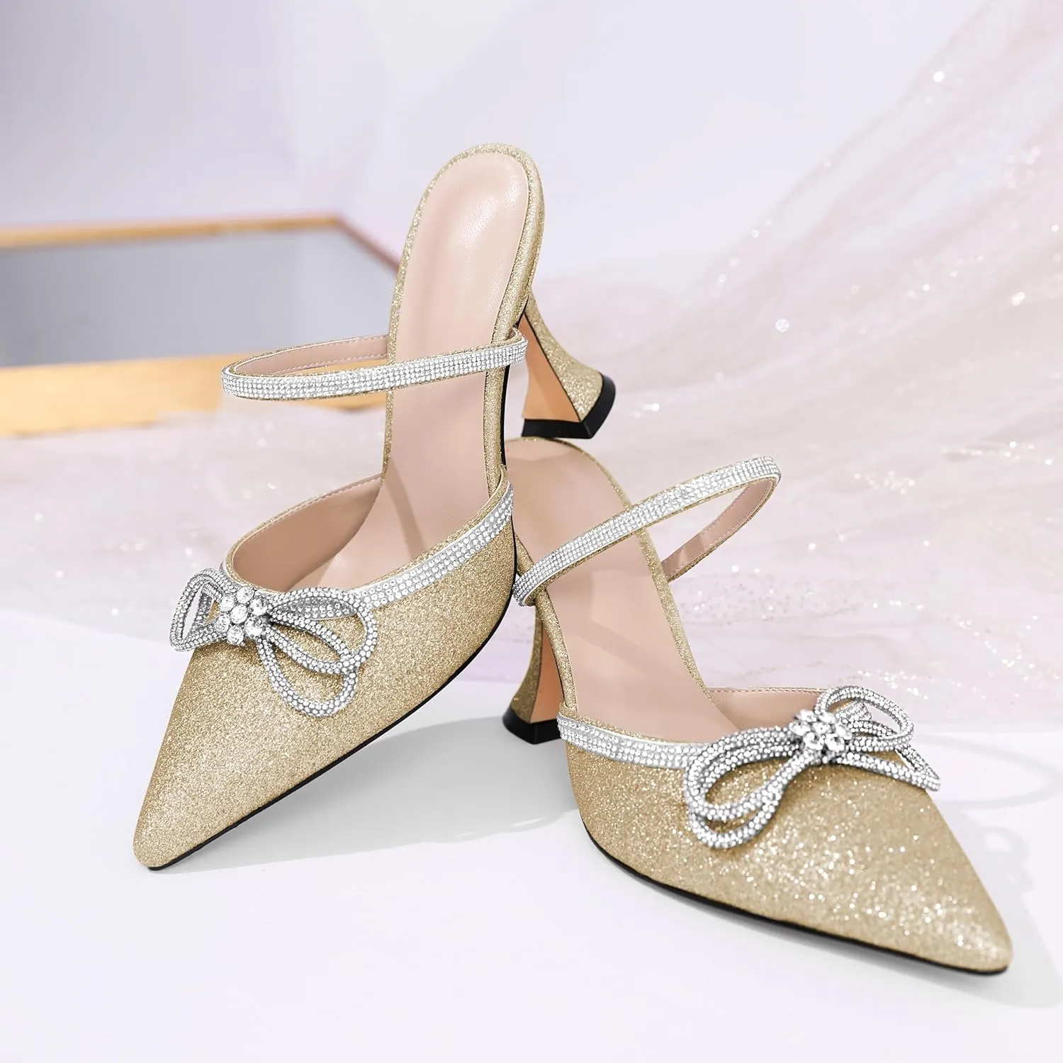 Joseywade Rhinstone Bow Mule Heels High Heels Closed Pointed Toe Spool Heel Slip-on Sandals 3.5" Wedding Crystal Ankle Strap Backless Shoes For Bridal Bridesmaid Engagement
