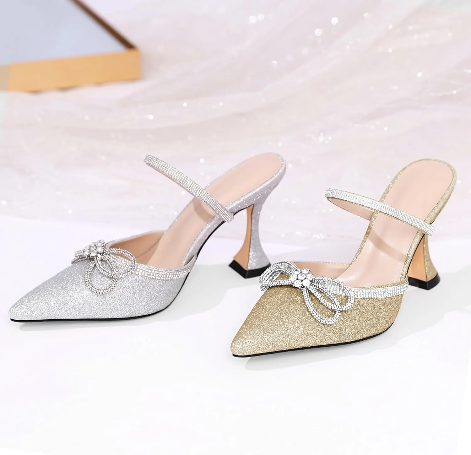 Joseywade Rhinstone Bow Mule Heels High Heels Closed Pointed Toe Spool Heel Slip-on Sandals 3.5" Wedding Crystal Ankle Strap Backless Shoes For Bridal Bridesmaid Engagement