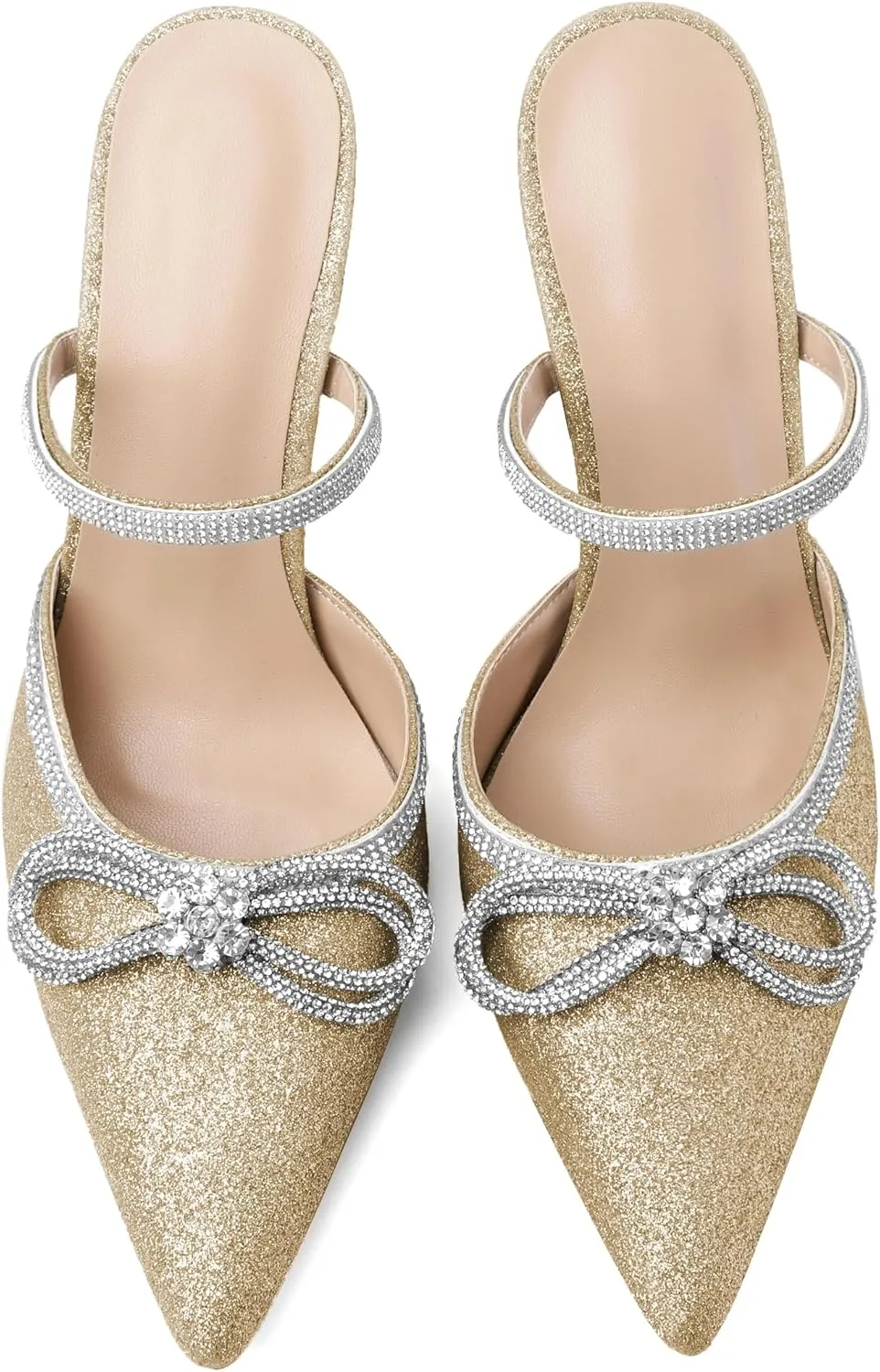 Joseywade Rhinstone Bow Mule Heels High Heels Closed Pointed Toe Spool Heel Slip-on Sandals 3.5" Wedding Crystal Ankle Strap Backless Shoes For Bridal Bridesmaid Engagement