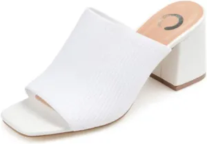 Journee Square Open Toe Chunky Block Heel Knit Slip-On Pump for Women - Lorenna Heeled Fashion Mule White, 9 Wide