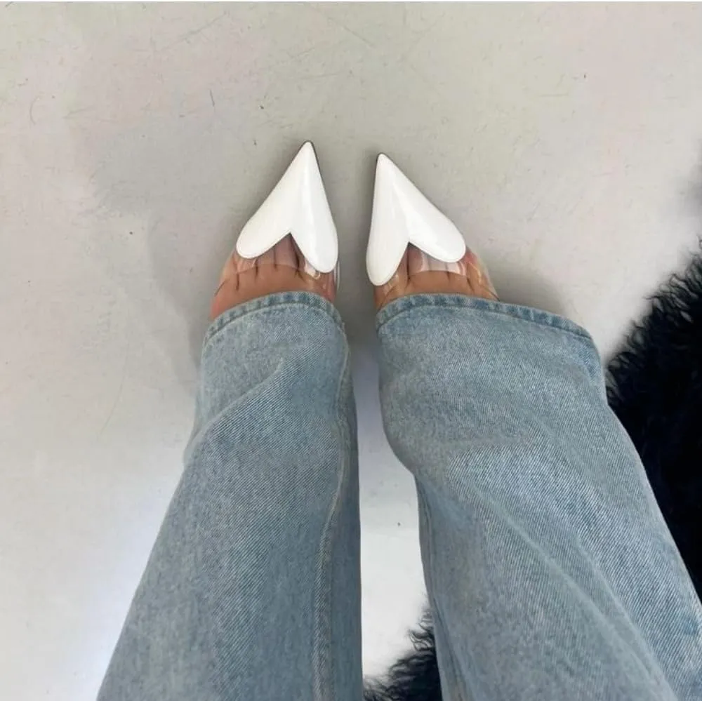 keleimusi Clear Heart Heeled Mules Transparent PVC Pointed Toe Mule Pumps Backless Slip On Clear Heeled Sandals Party Prom Dress High Heel Mules