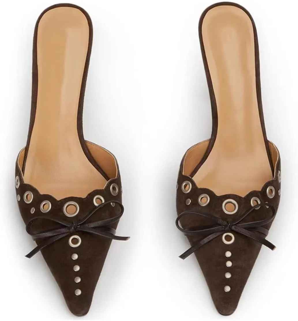 keleimusi Mid Heel Slip On Suede Pumps Studded Bow Heeled Mules Sandals Pointed Toe Shoes for Women