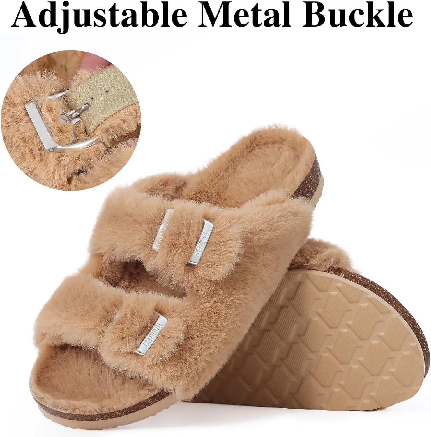 KIDMI Fuzzy Slippers Women with Cork Footbed Fluffy Slides Open Toe Indoor House Shoes | Arch Support | Adjustable Buckles
