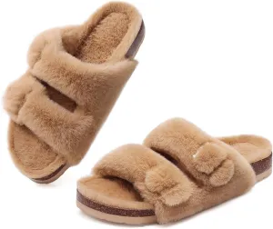KIDMI Fuzzy Slippers Women with Cork Footbed Fluffy Slides Open Toe Indoor House Shoes | Arch Support | Adjustable Buckles