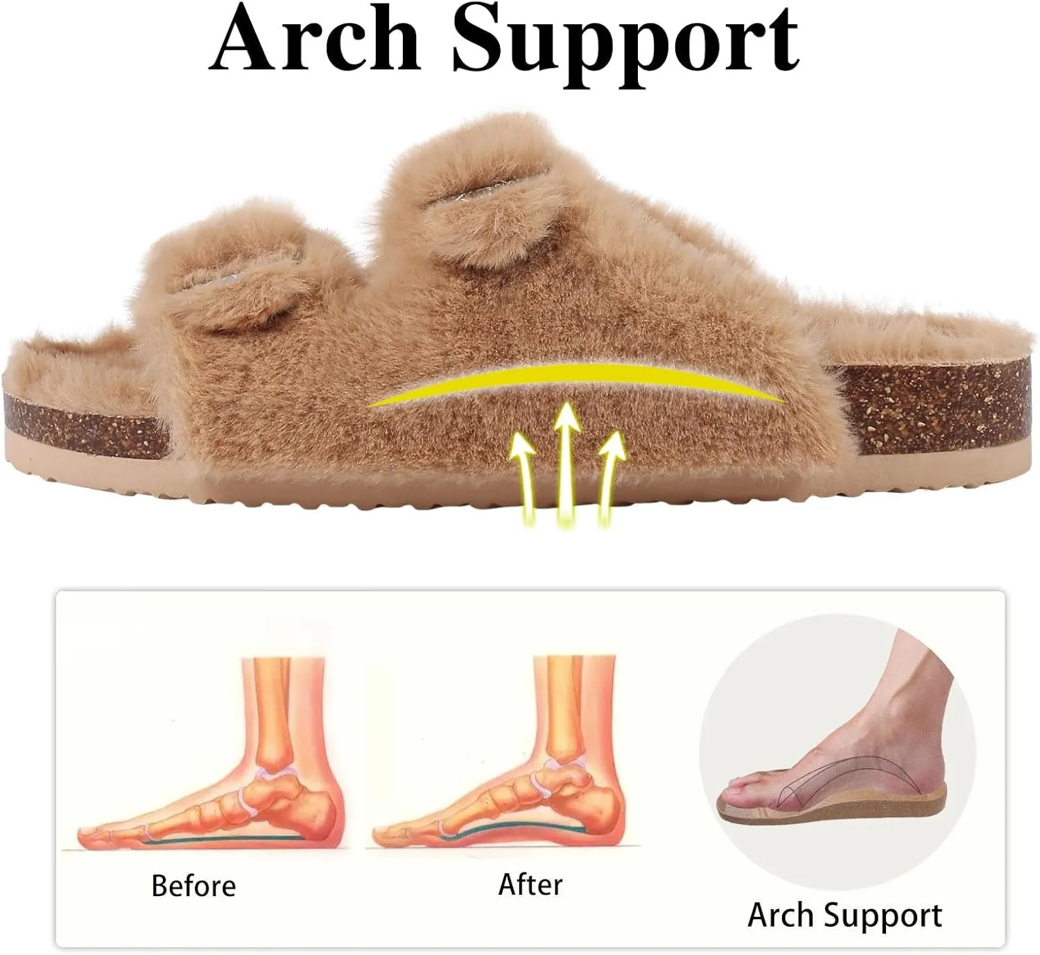 KIDMI Fuzzy Slippers Women with Cork Footbed Fluffy Slides Open Toe Indoor House Shoes | Arch Support | Adjustable Buckles