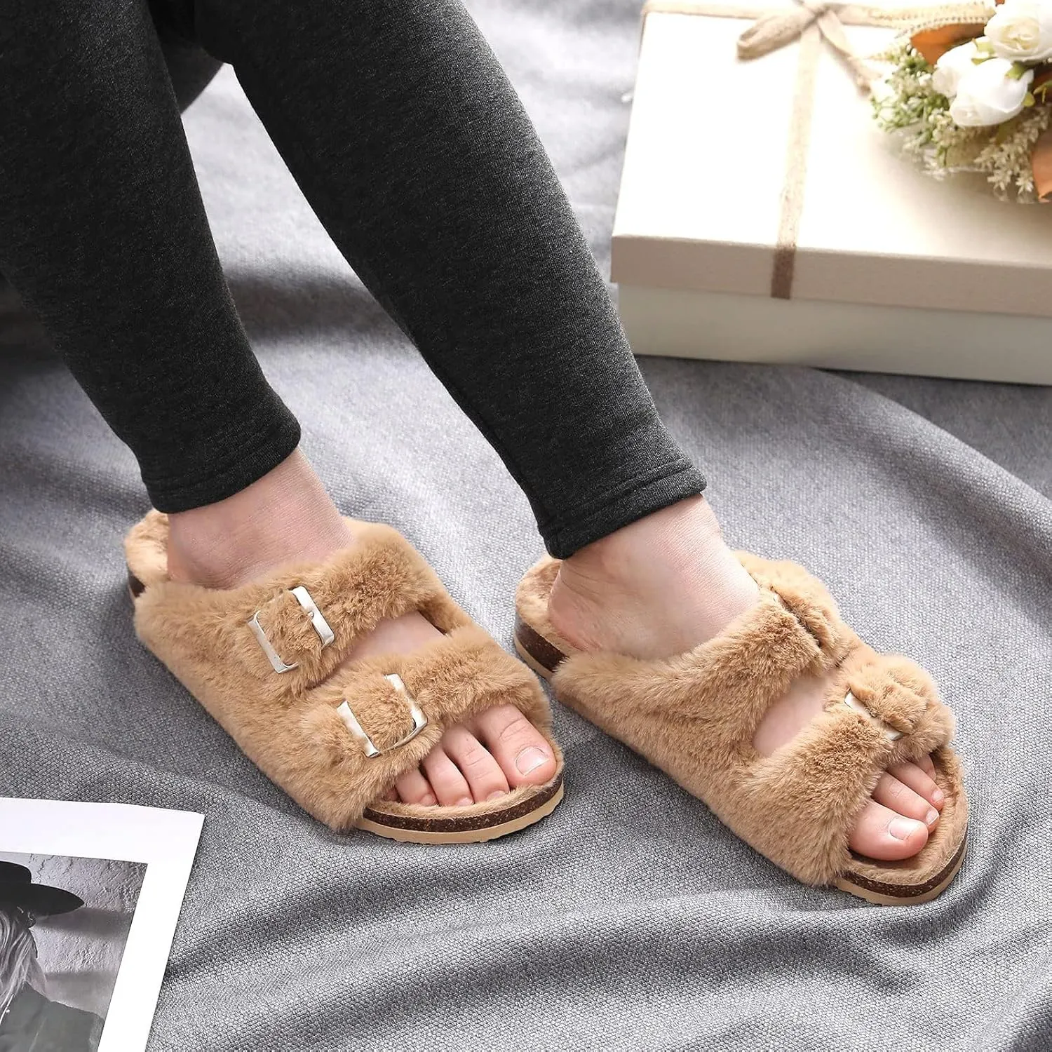 KIDMI Fuzzy Slippers Women with Cork Footbed Fluffy Slides Open Toe Indoor House Shoes | Arch Support | Adjustable Buckles