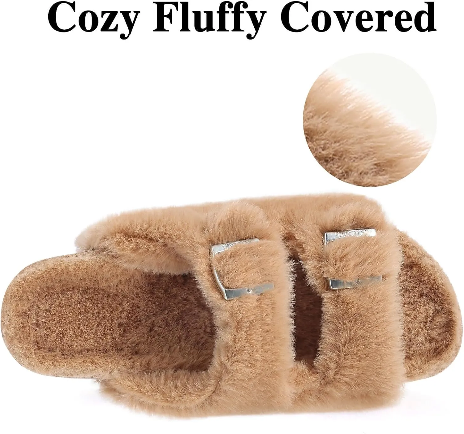 KIDMI Fuzzy Slippers Women with Cork Footbed Fluffy Slides Open Toe Indoor House Shoes | Arch Support | Adjustable Buckles