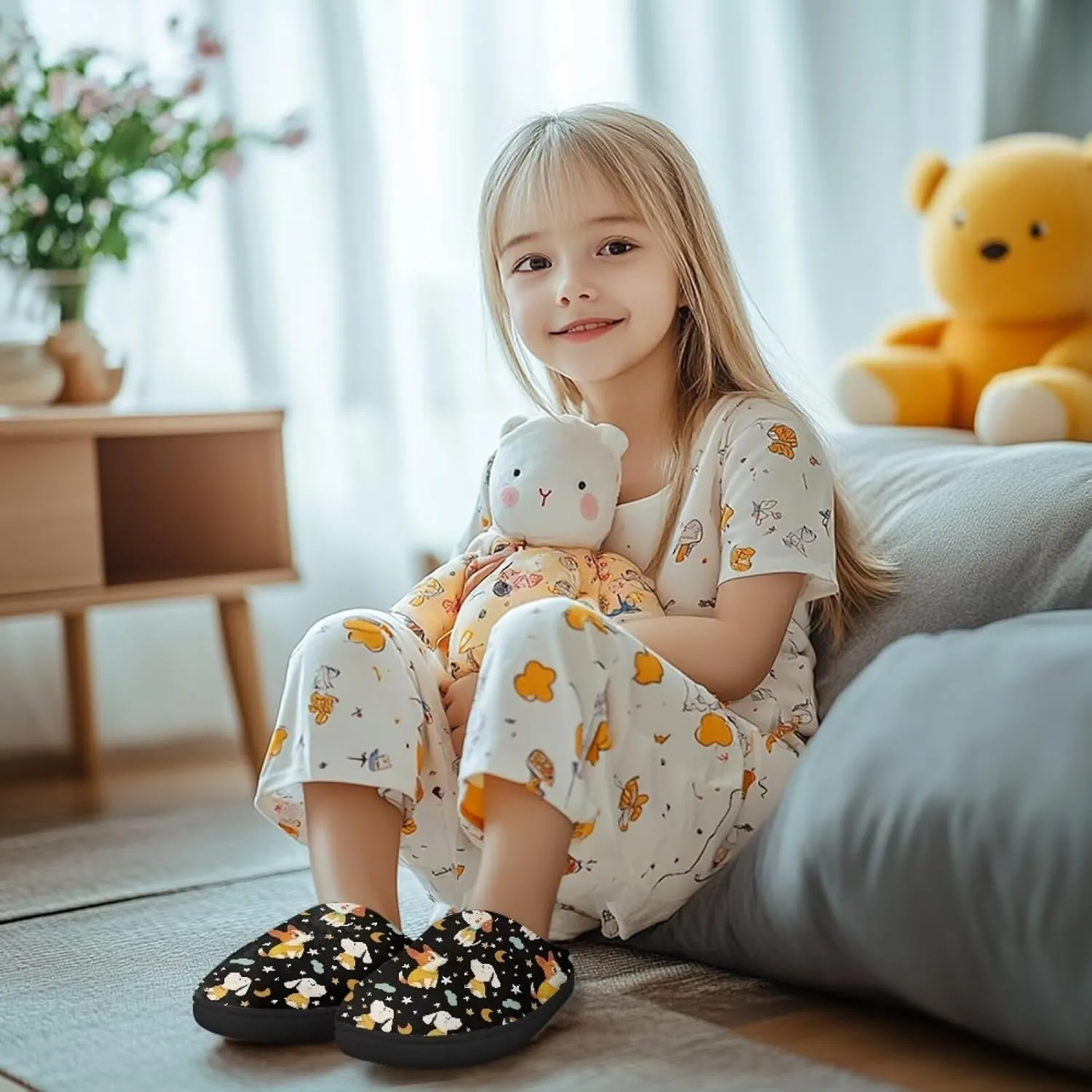 Kids Fluffy Slippers for Winter, Warm Closed Toe Home Slippers, Soft Cozy Scuff Slippers for Boys Girls