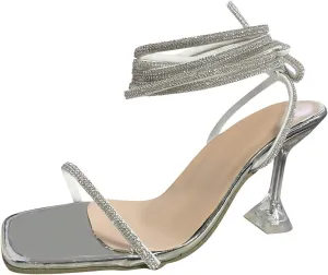 Ladies Fashion Solid Color Rhinestone Crisscross Strap Square Open Toe High Heeled Sandals Crock Sandals Women