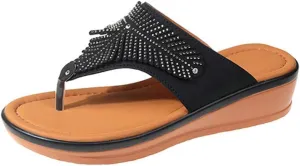 Ladies Rhinestone Flip Flops Summer Dressy Casual Low Wedge Sandals for Women Comfort Arch Support Clip Toe Slippers