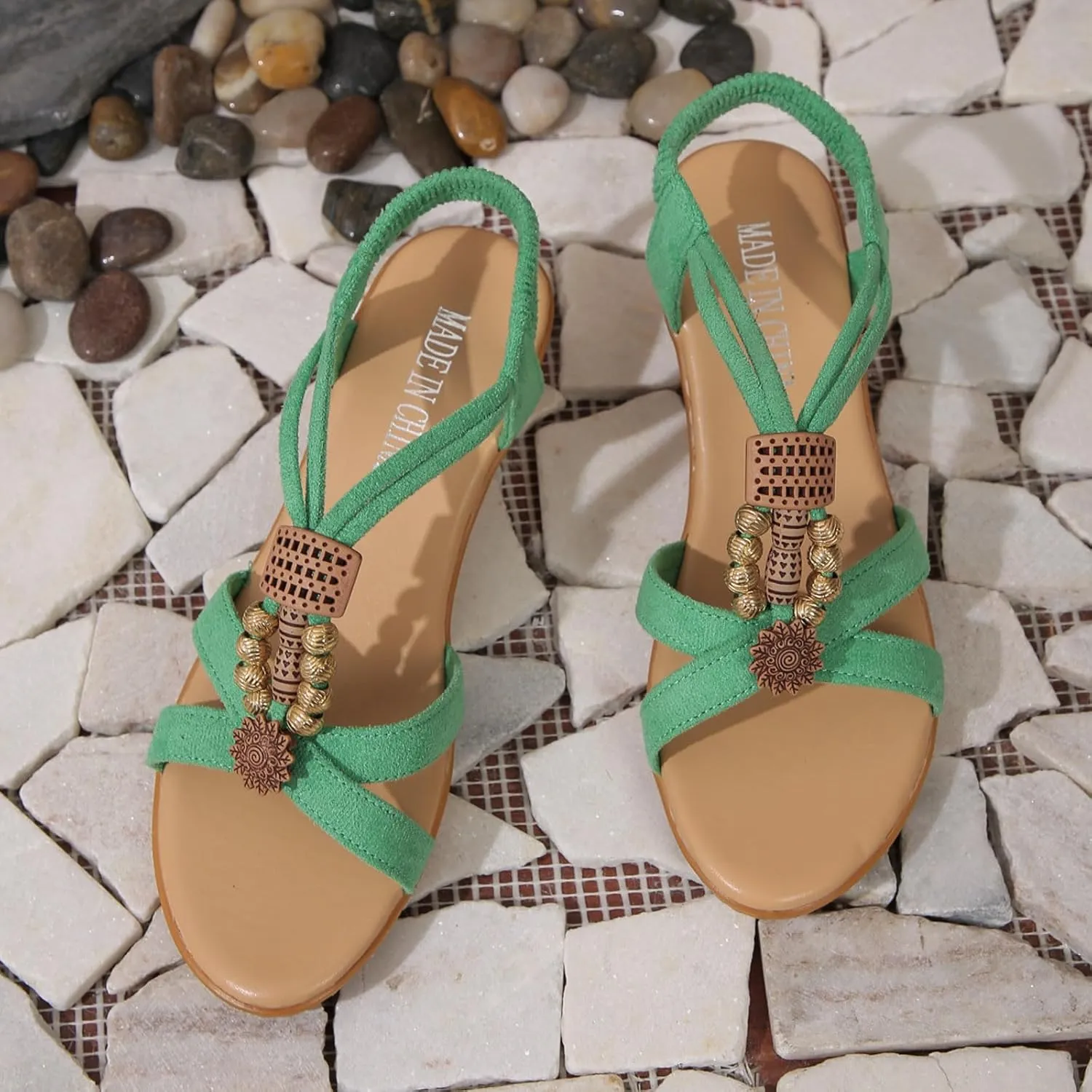 Ladies Summer Retro Bohemian Beaded Milled Velvet Open Toe Beach Outwear Plus Size Wedding Shoes for Sandals Women