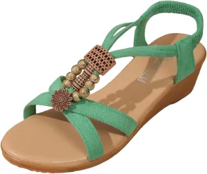 Ladies Summer Retro Bohemian Beaded Milled Velvet Open Toe Beach Outwear Plus Size Wedding Shoes for Sandals Women