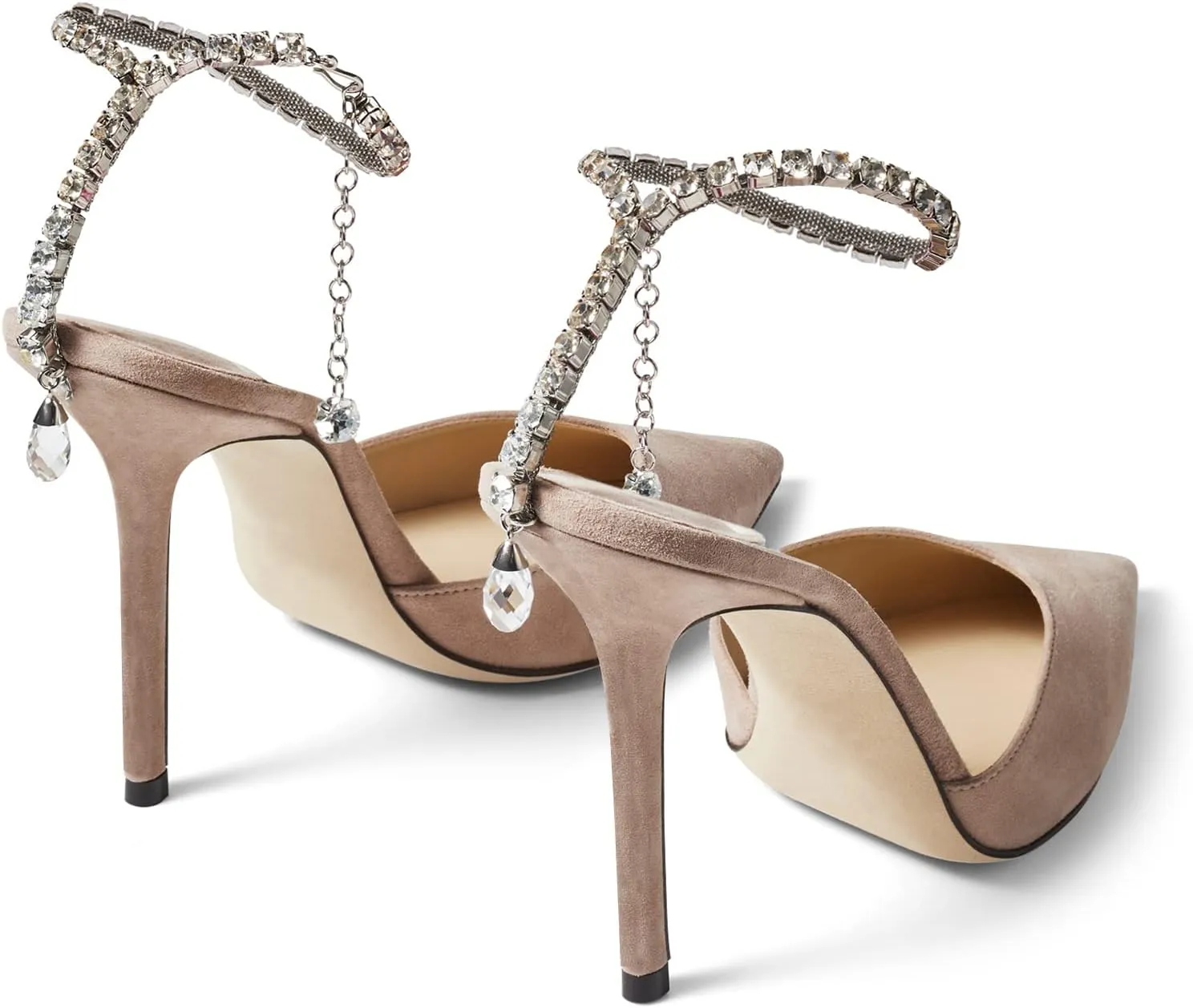 LauraVicci Women's Heeled Sandals Crystal Chain Ankle Straps Rhinestones Buckle High Heels Stiletto Slip On Wedding Party Satin Dress Shoes