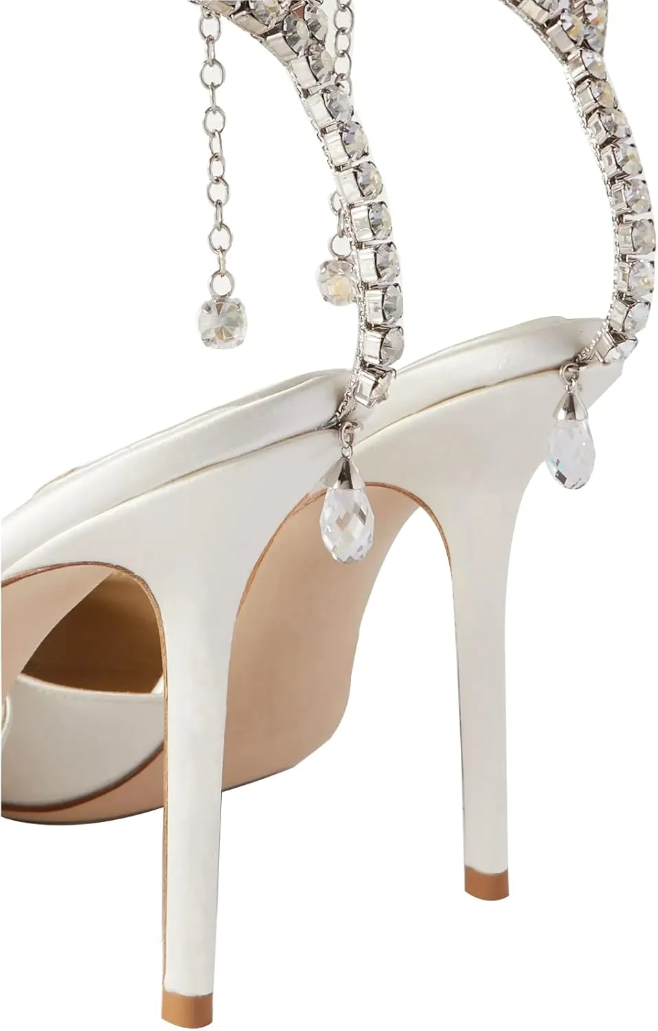 LauraVicci Women's Heeled Sandals Crystal Chain Ankle Straps Rhinestones Buckle High Heels Stiletto Slip On Wedding Party Satin Dress Shoes