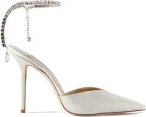 LauraVicci Women's Heeled Sandals Crystal Chain Ankle Straps Rhinestones Buckle High Heels Stiletto Slip On Wedding Party Satin Dress Shoes