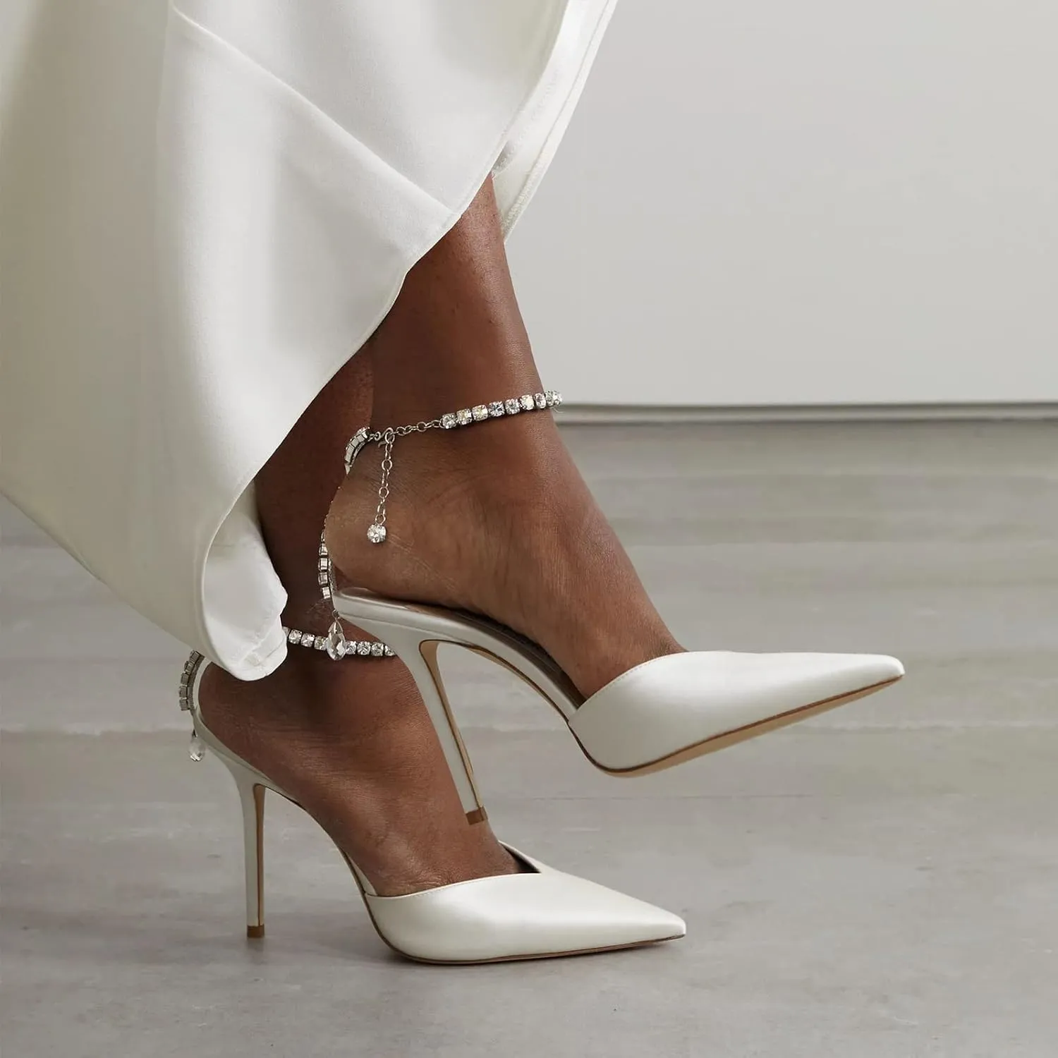 LauraVicci Women's Heeled Sandals Crystal Chain Ankle Straps Rhinestones Buckle High Heels Stiletto Slip On Wedding Party Satin Dress Shoes