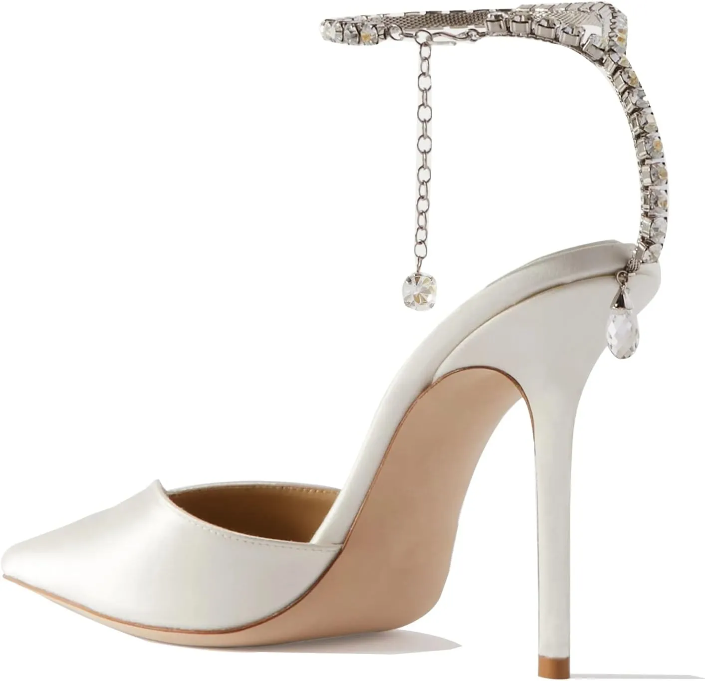 LauraVicci Women's Heeled Sandals Crystal Chain Ankle Straps Rhinestones Buckle High Heels Stiletto Slip On Wedding Party Satin Dress Shoes