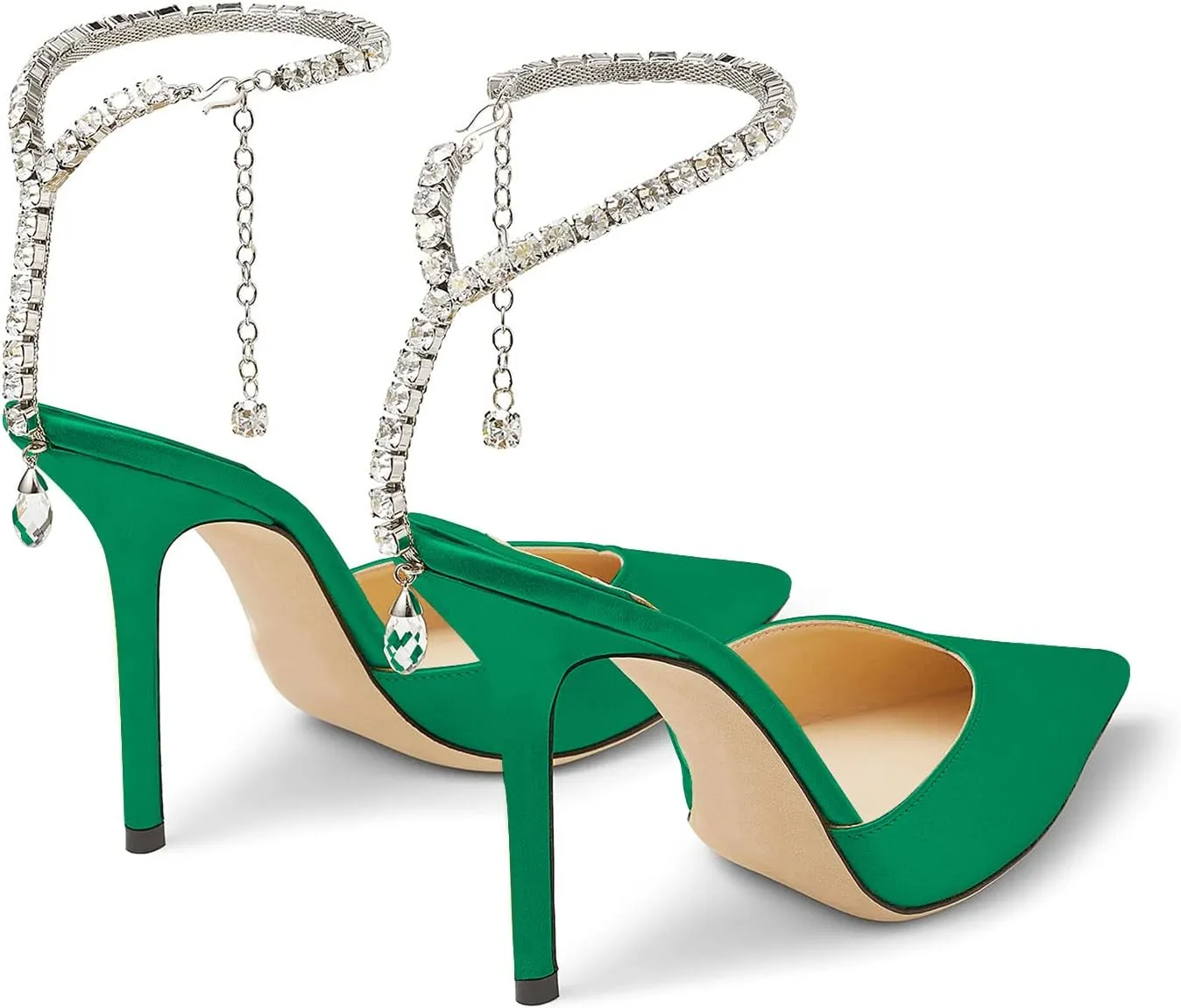 LauraVicci Women's Heeled Sandals Crystal Chain Ankle Straps Rhinestones Buckle High Heels Stiletto Slip On Wedding Party Satin Dress Shoes