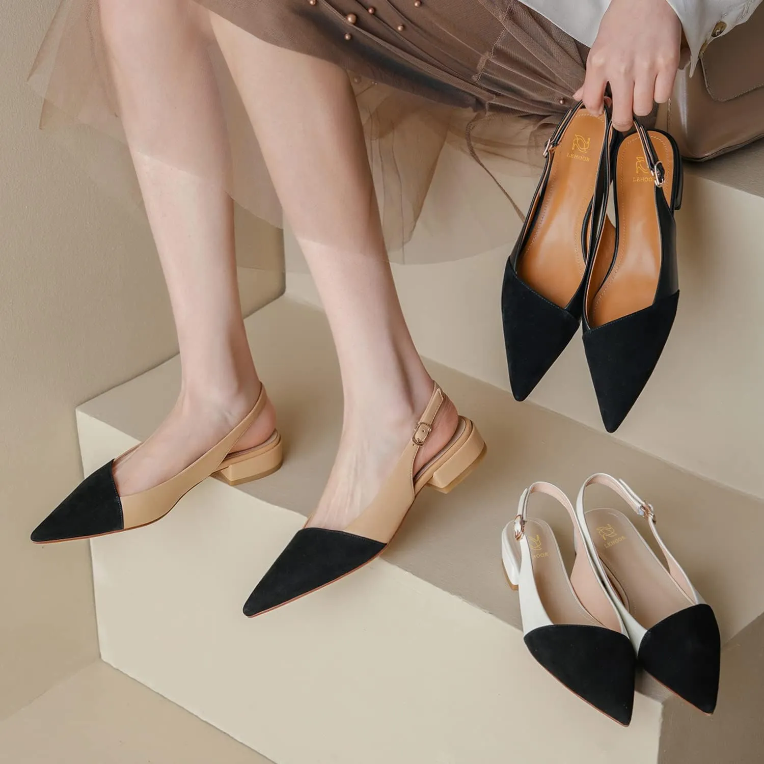 LEHOOR Women Slingback Flats Cap Toe Two Tone Pointed Closed Toe Flat Heel Sandals Pumps Colorblock Buckle Strap Patchwork Slip On Sandals Comfortable Chic Office Ladies Summer 4-11 M US