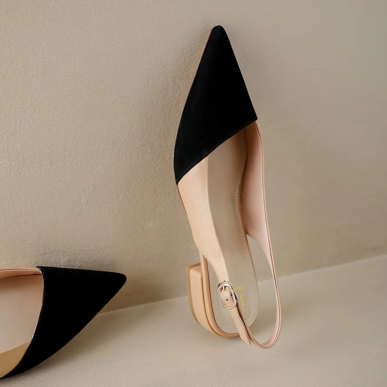 LEHOOR Women Slingback Flats Cap Toe Two Tone Pointed Closed Toe Flat Heel Sandals Pumps Colorblock Buckle Strap Patchwork Slip On Sandals Comfortable Chic Office Ladies Summer 4-11 M US