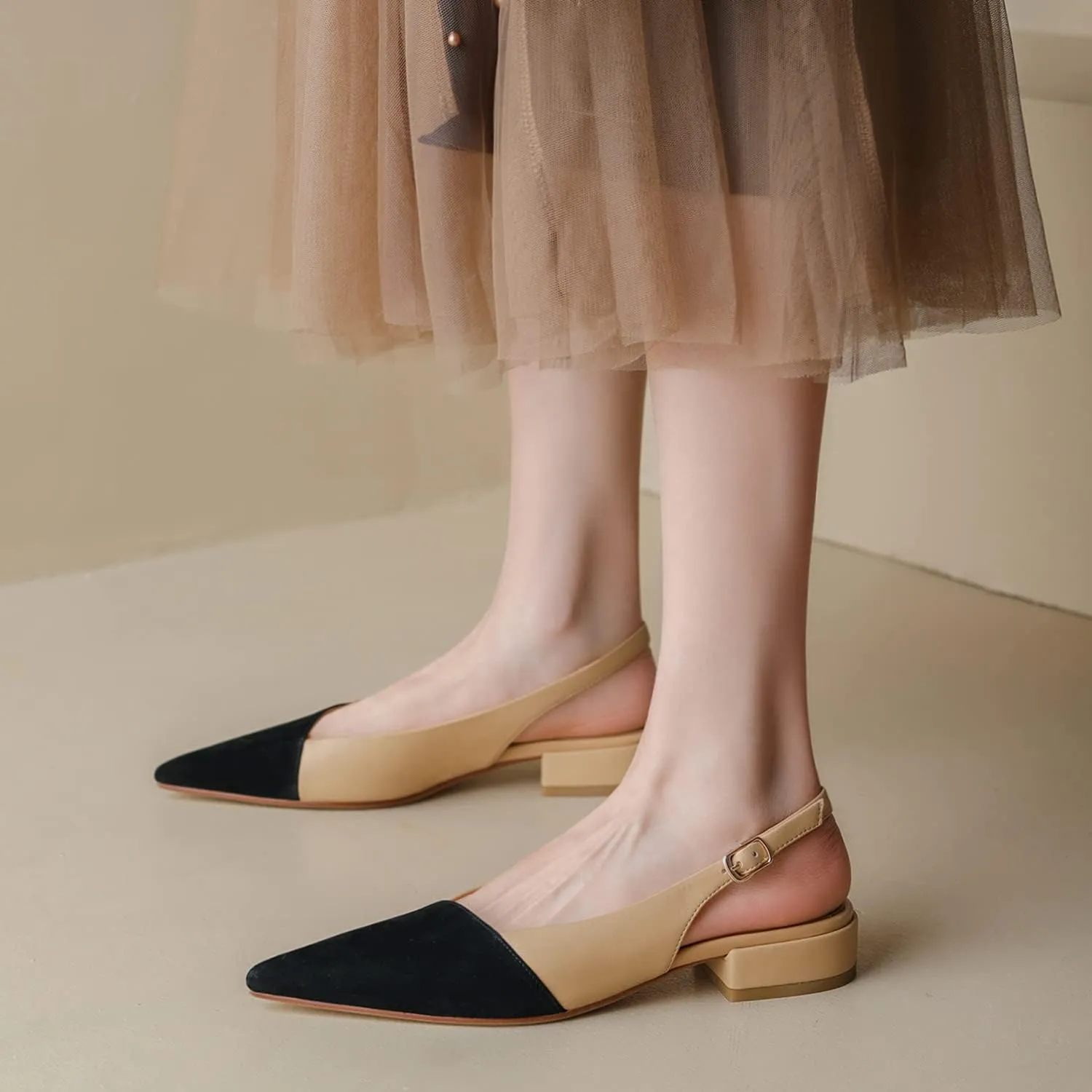 LEHOOR Women Slingback Flats Cap Toe Two Tone Pointed Closed Toe Flat Heel Sandals Pumps Colorblock Buckle Strap Patchwork Slip On Sandals Comfortable Chic Office Ladies Summer 4-11 M US