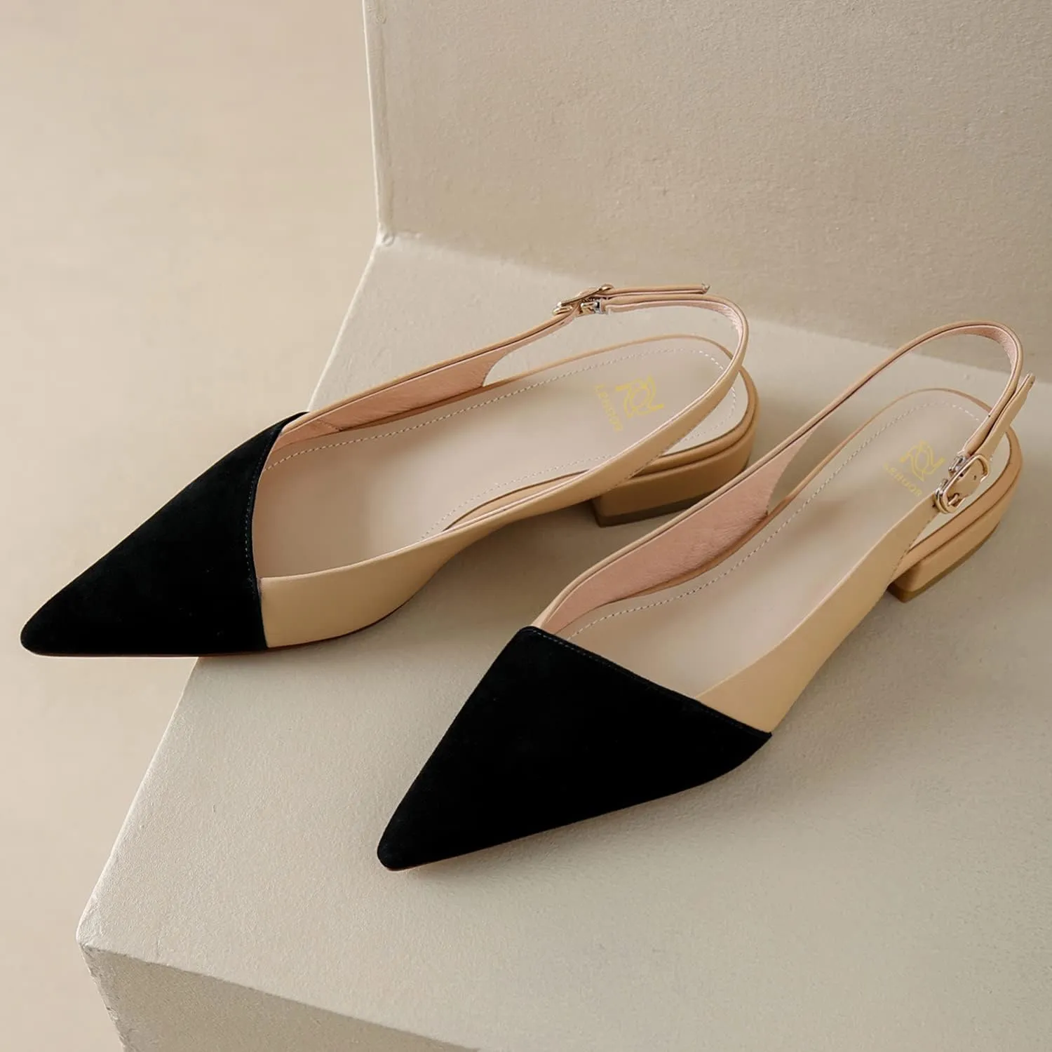 LEHOOR Women Slingback Flats Cap Toe Two Tone Pointed Closed Toe Flat Heel Sandals Pumps Colorblock Buckle Strap Patchwork Slip On Sandals Comfortable Chic Office Ladies Summer 4-11 M US