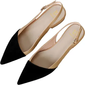 LEHOOR Women Slingback Flats Cap Toe Two Tone Pointed Closed Toe Flat Heel Sandals Pumps Colorblock Buckle Strap Patchwork Slip On Sandals Comfortable Chic Office Ladies Summer 4-11 M US