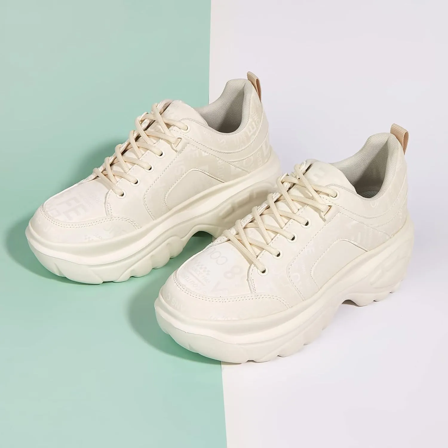 LUCKY STEP Women Chunky Platform Dad Colorblock White Neon Green Fuchsia Hologram Silver Casual Lace-Up Walking Sneakers
