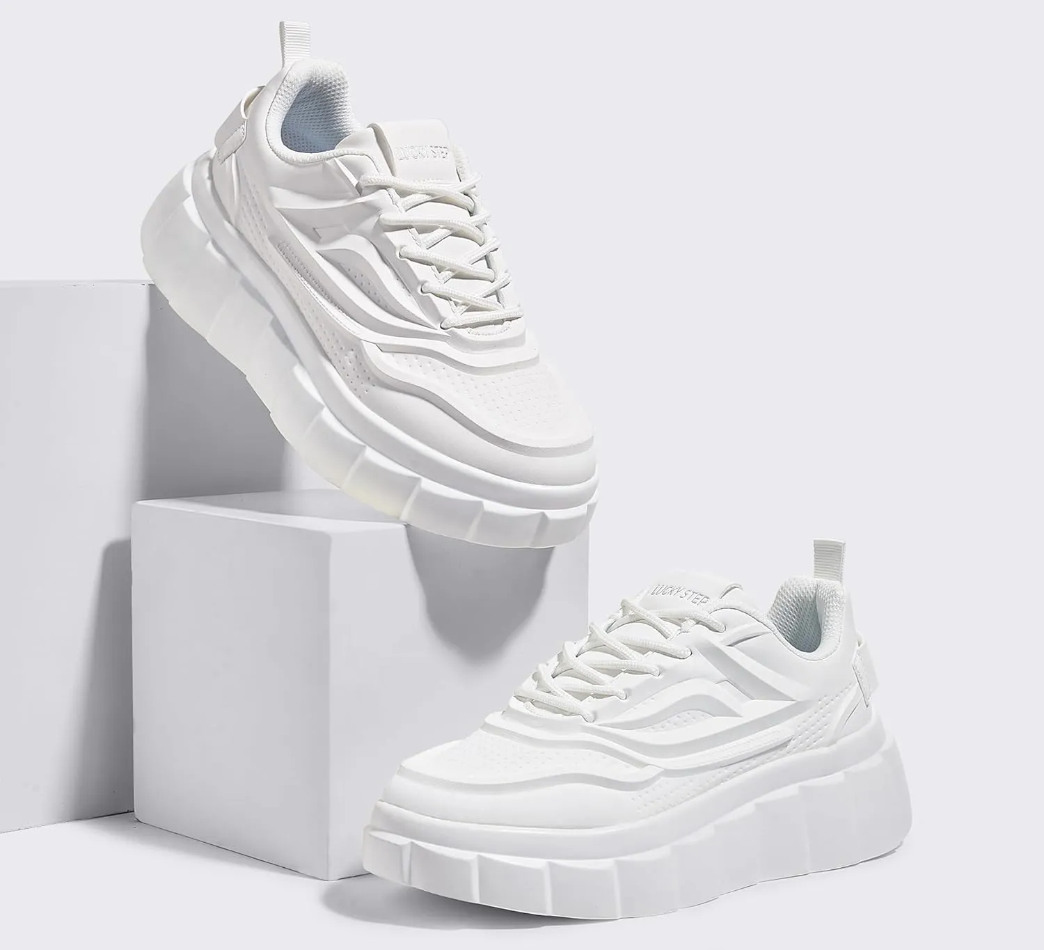 LUCKY STEP Women's Platform Fashion Sneakers Classic Tennis Faux Leather Low Top Casual Walking Shoes