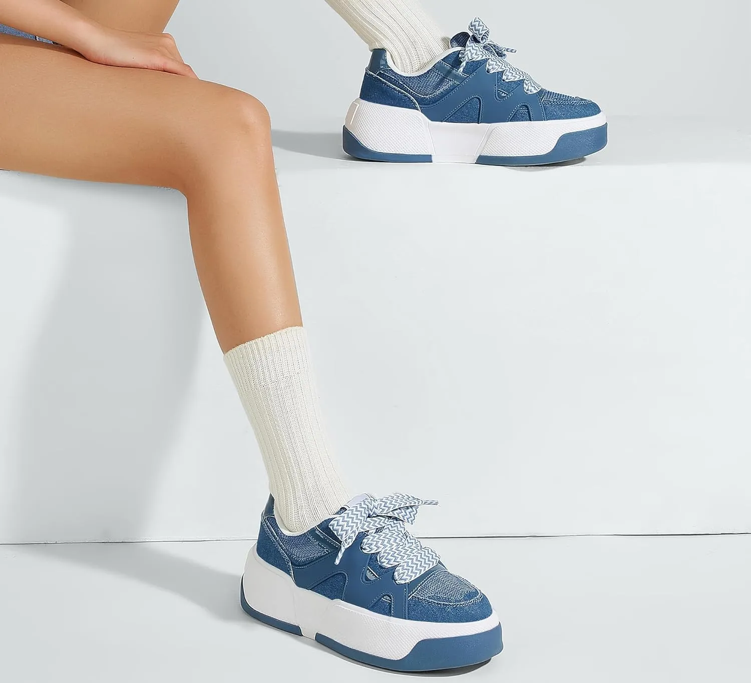 LUCKY STEP Women’s Platform Fashion Sneakers Lace up Casual Faux Leather Comfortable Thick Sole Tennis Walking Shoes