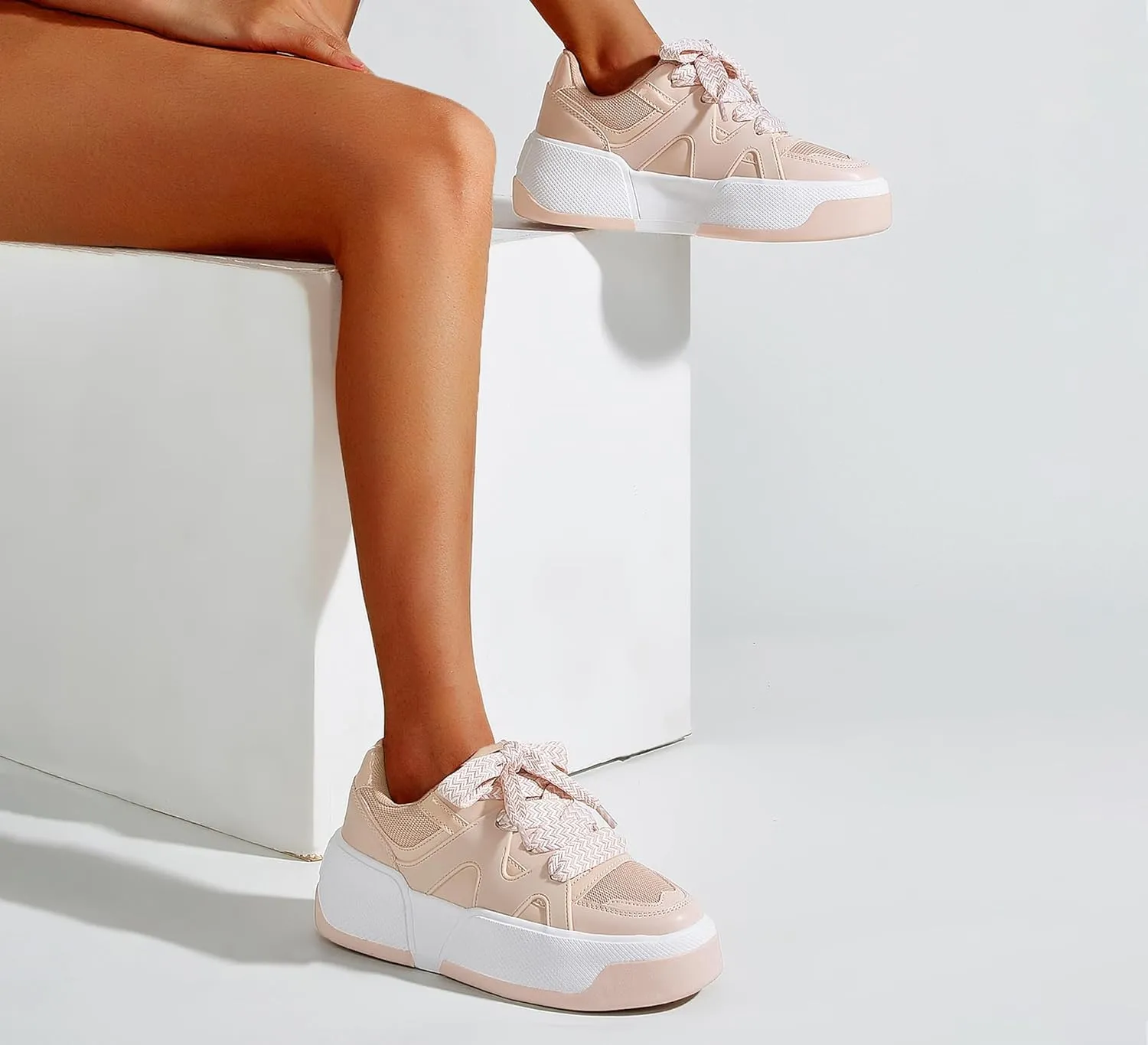 LUCKY STEP Women’s Platform Fashion Sneakers Lace up Casual Faux Leather Comfortable Thick Sole Tennis Walking Shoes