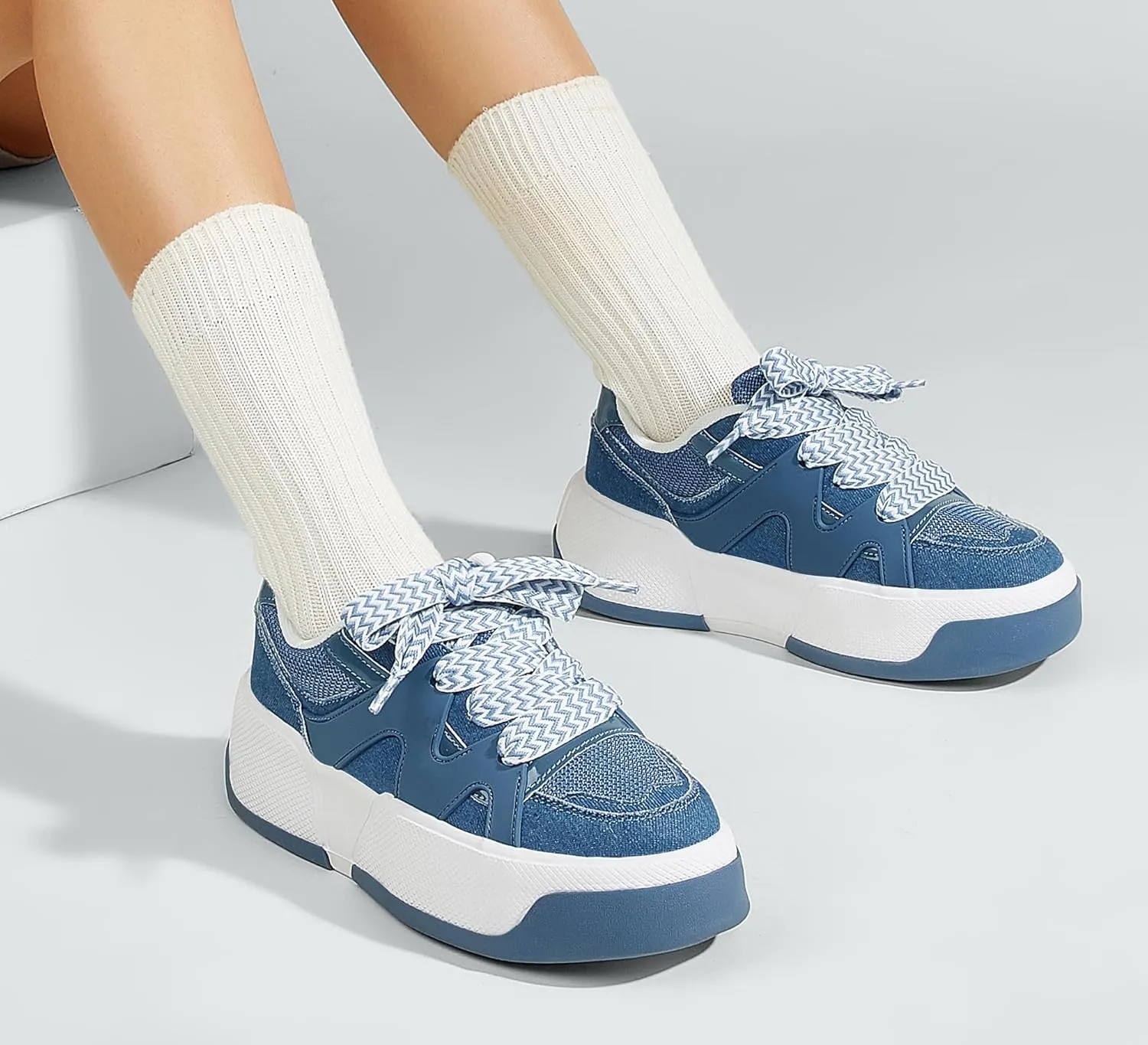 LUCKY STEP Women’s Platform Fashion Sneakers Lace up Casual Faux Leather Comfortable Thick Sole Tennis Walking Shoes