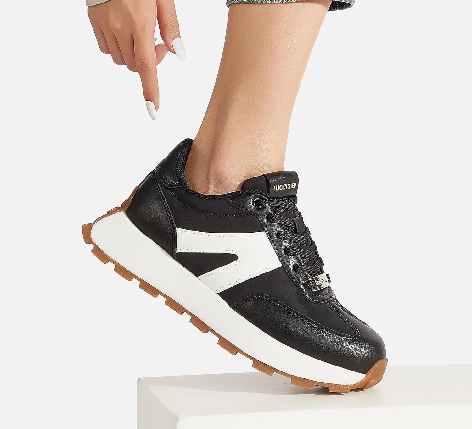 LUCKY STEP Women's Platform Fashion Sneakers Retro Classic Trainers Casual Lace-up Stylish Tennis Running Walking Shoes
